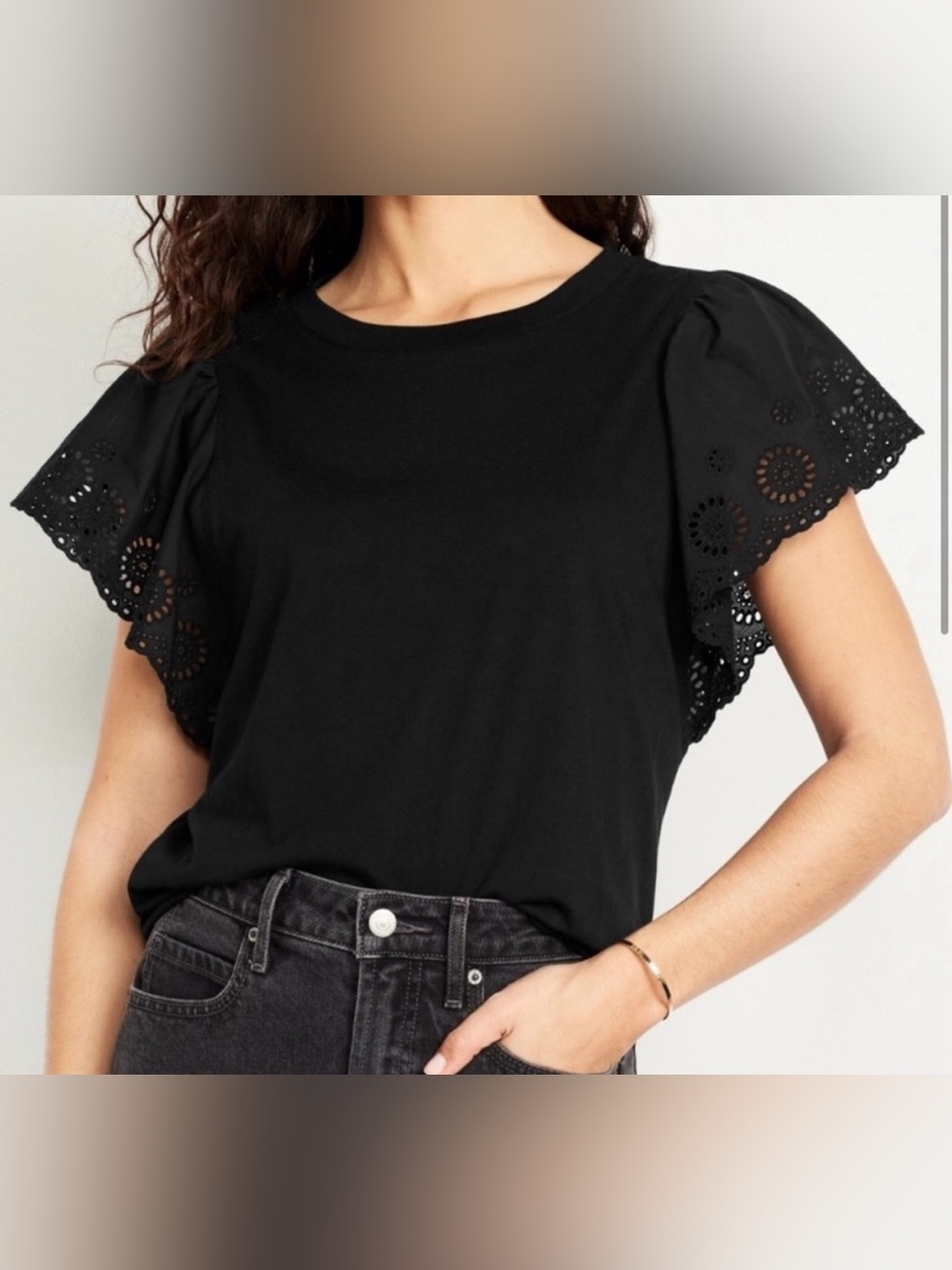 Old Navy Black Eyelet Flutter Sleeve Tee